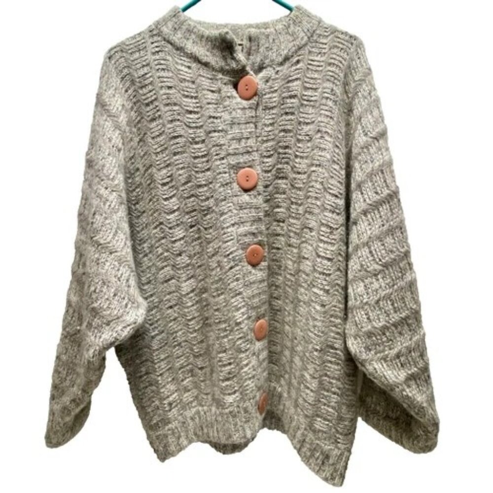Vintage P.G.E. Mohair Wool Cardigan Women's‎ Medium Gray Ivory Chunky Knit NWOT